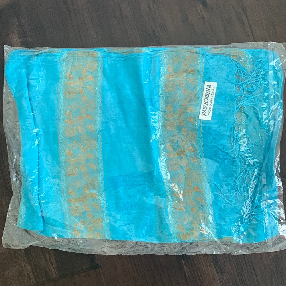 PASHMINA SILK SCARF BLUE GOLD THREAD EMBROIDERED